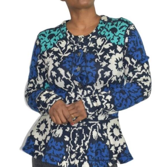 J Peterman Emmas Sweater Blue Hourglass Peplum Cardigan Green Floral Wool Small - Picture 11 of 16